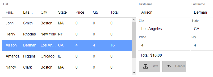 A Form View control with calculated values for the 'Price' and 'Qty' fields.